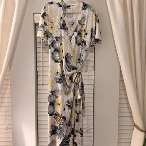 Astr Floral Wrap Midi Dress in Cream, Gray and Yellow